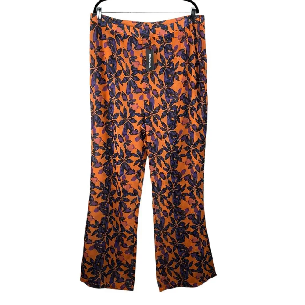 PrettyLittleThing Orange Tropical High Rise Sheer Flare Beach Pants 14 NWT